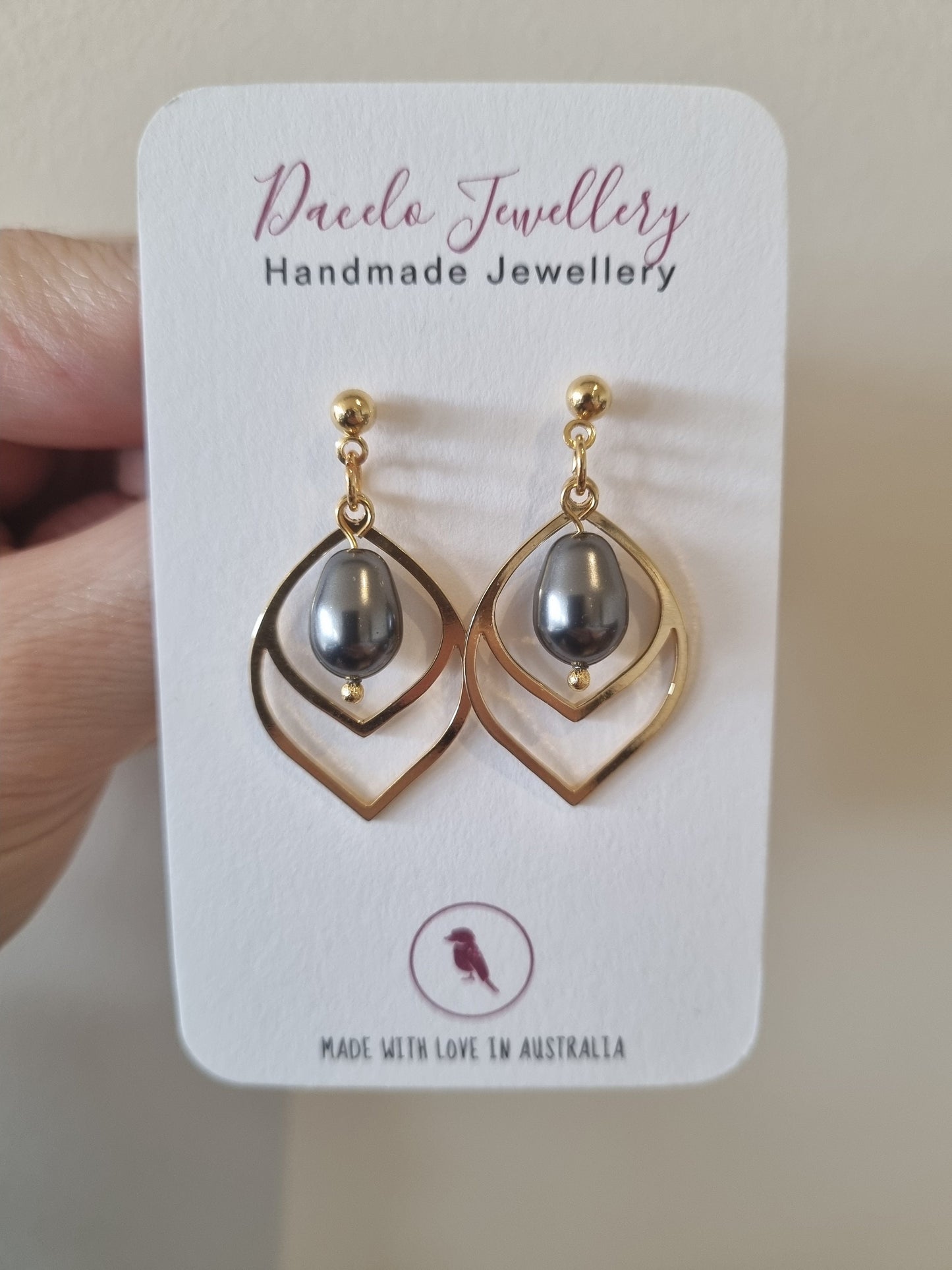 24K Gold Leaf with Dark Grey Swarovski Teardrop Pearl