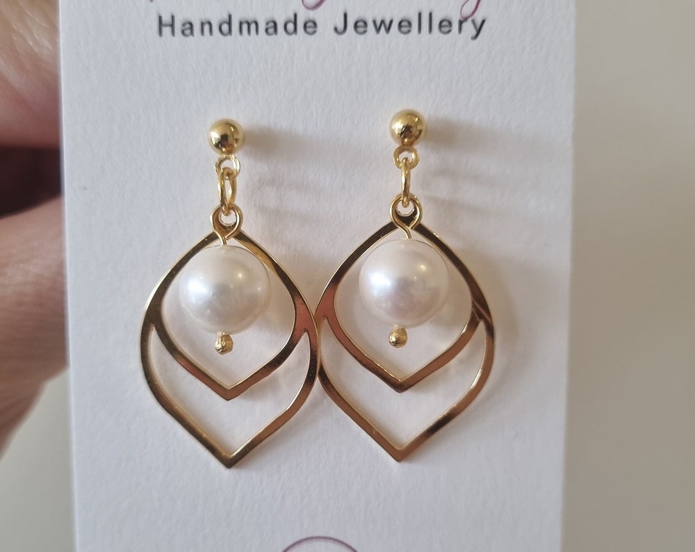 24K Gold Leaf with Freshwater Pearl Dangle Earrings