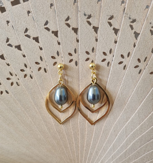 24K Gold Leaf with Dark Grey Swarovski Teardrop Pearl