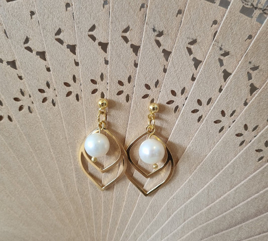 24K Gold Leaf with Freshwater Pearl Dangle Earrings