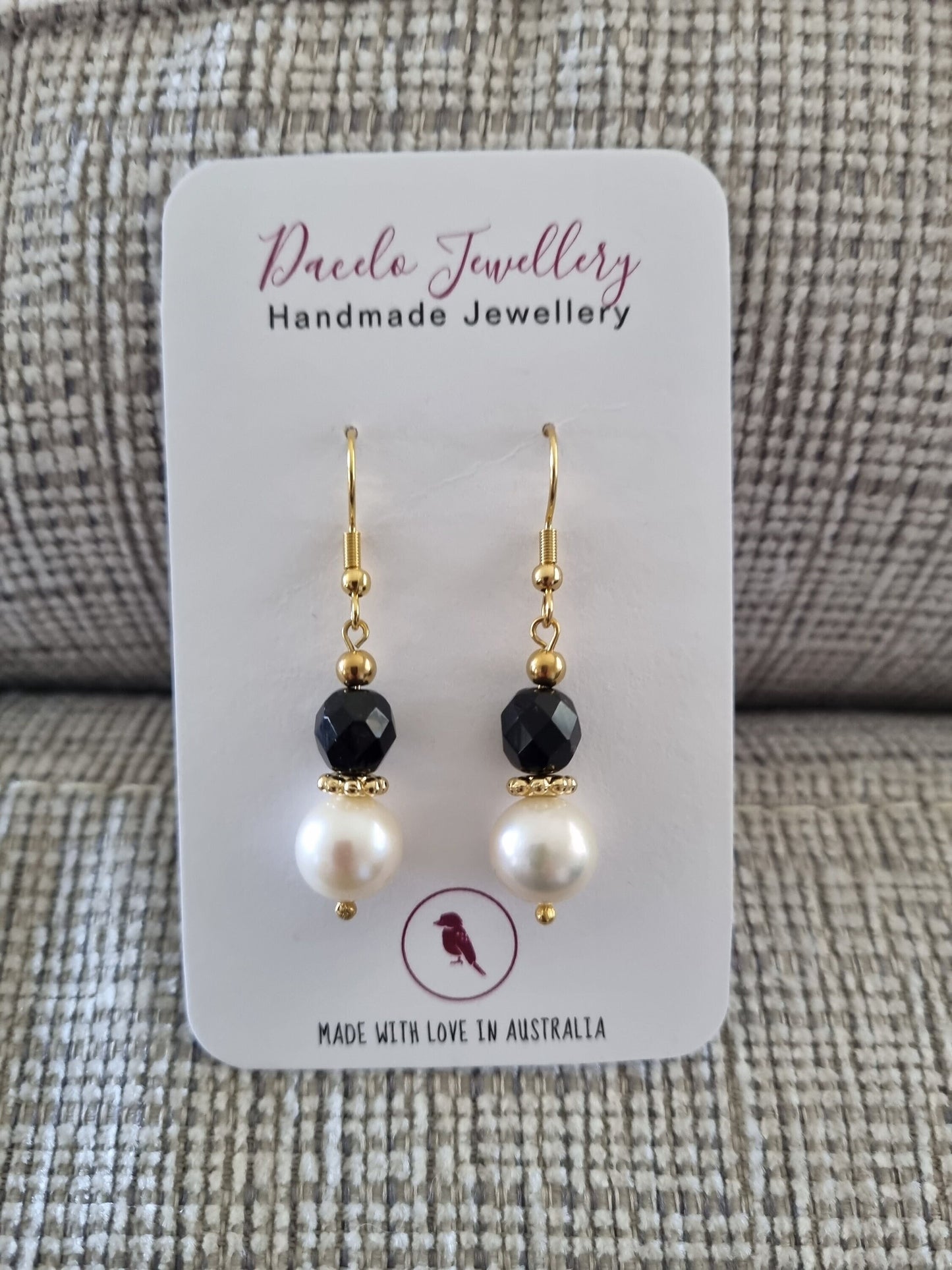 Black and freshwater pearl 14K gold dangle earrings
