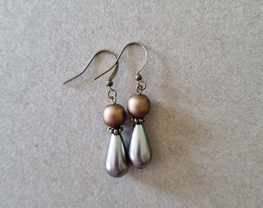 Silver teardrop antiquated bronze dangle earrings